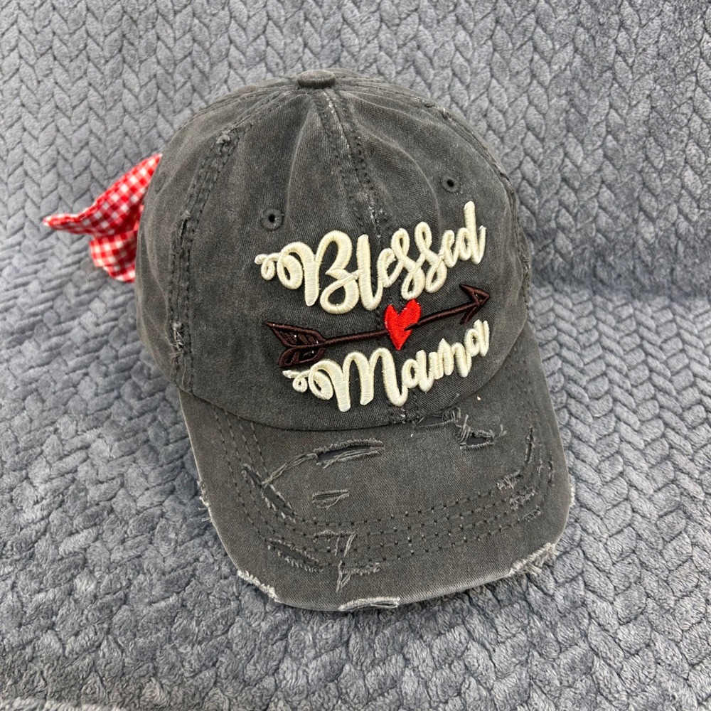 Blessed‎ Mama Womens Gray 4350 District Baseball Hat Distressed Gingham Bow OSFM